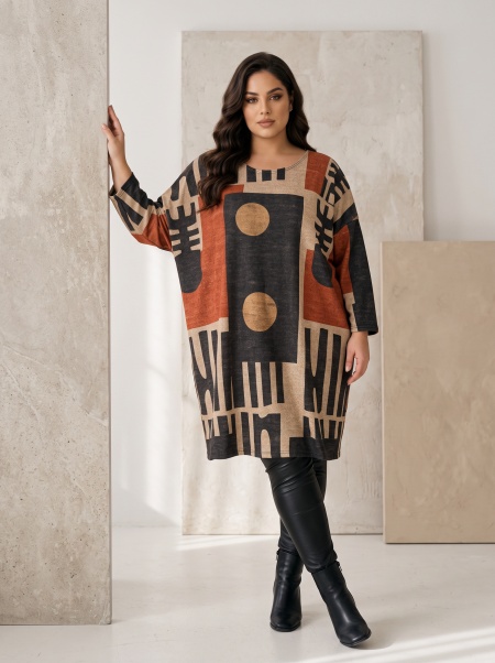 Tunică maxi elegantă cu împrimeu geometric modern
