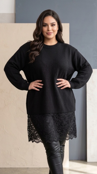 Tunică lungă neagră din tricot fin cu dantelă