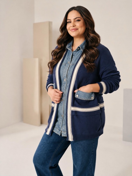 Cardigan premium bleumarin cu detalii din denim