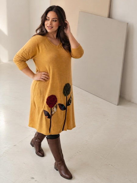 Rochie groasă evazată cu flori 3D culoare muștar