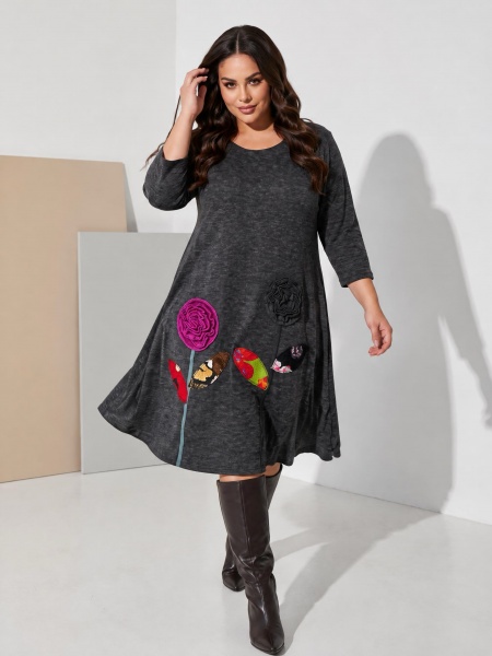 Rochie groasă evazată cu flori 3D culoare grafit