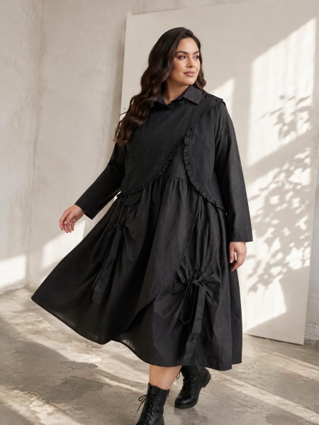 Rochie neagră de designer cu partea frontală asimetrică