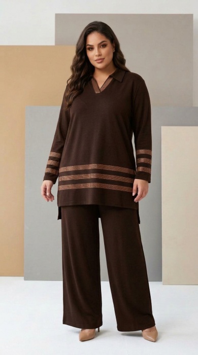 Compleu modern în culoarea cafelei cu tunică și pantaloni în stil sport-elegant