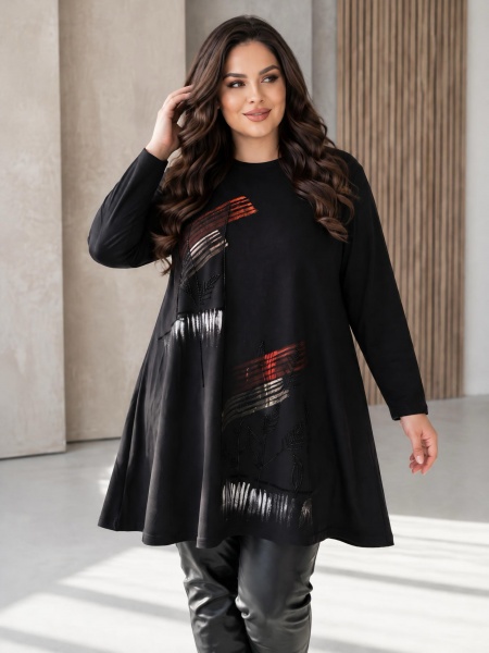 Tunică neagră în stil sport-elegant cu împrimeu multicolor