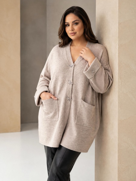 Cardigan lejer culoare ecru cu nasturi tip broșă eleganți