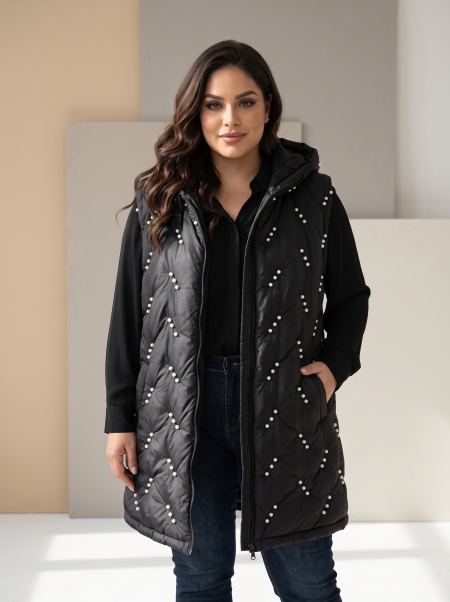 Vestă de lux groasă culoare neagră decorată cu perle elegante