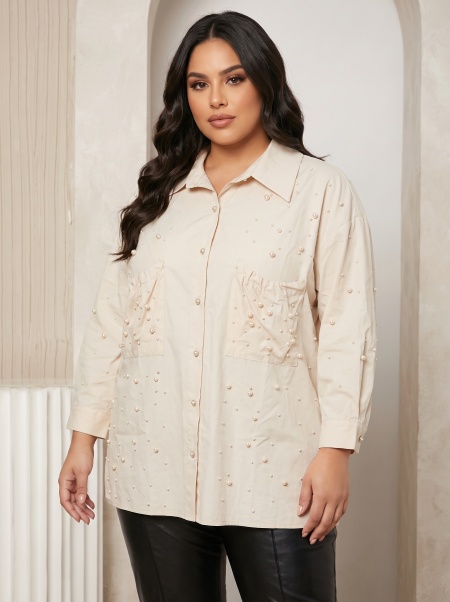 Cămașă boutique în ecru cu perle delicate