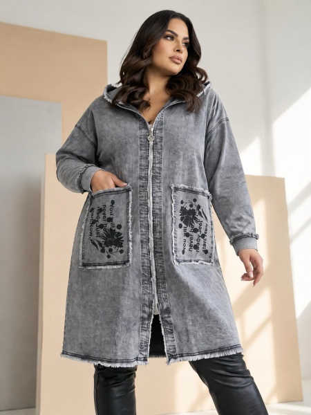Geacă designer din denim cu glugă și spate spectaculos