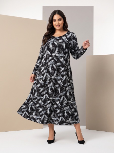 Rochie lungă neagră cu împrimeu elegant de frunze gri