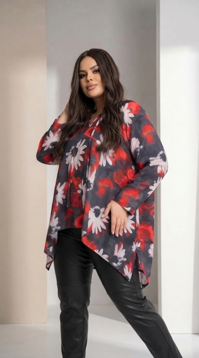 Tunică maxi cu imprimeu floral în tonuri de roșu