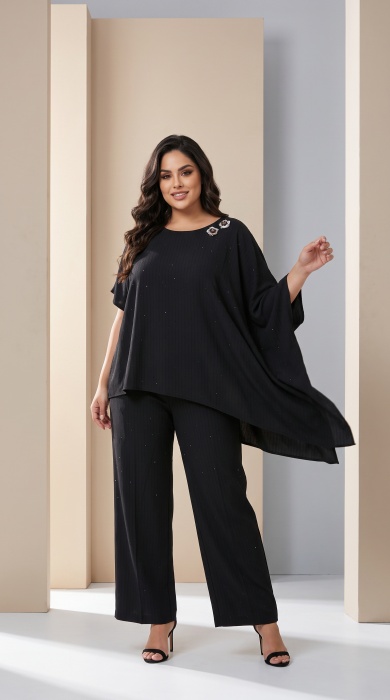 Compleu negru de designer cu tunică asimetrică PLUS SIZE