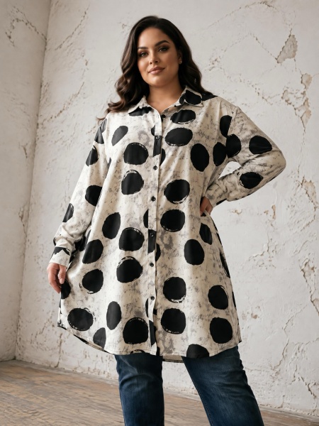 Cămașă elegantă plus size ecru cu buline