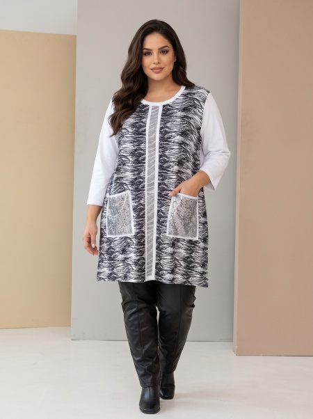Tunică elegantă alb-negru melanj cu buzunare