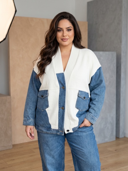 Jachetă modernă din denim cu inserții din tricot alb