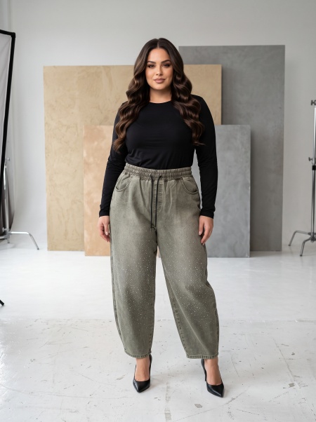 Blugi Plus Size cu cristale și croială lejeră culoare verde